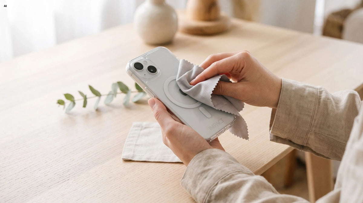 Sanfte Pflege einer transparenten recycelten Smartphone-Hülle von GREENCASES mit einem weichen Mikrofasertuch